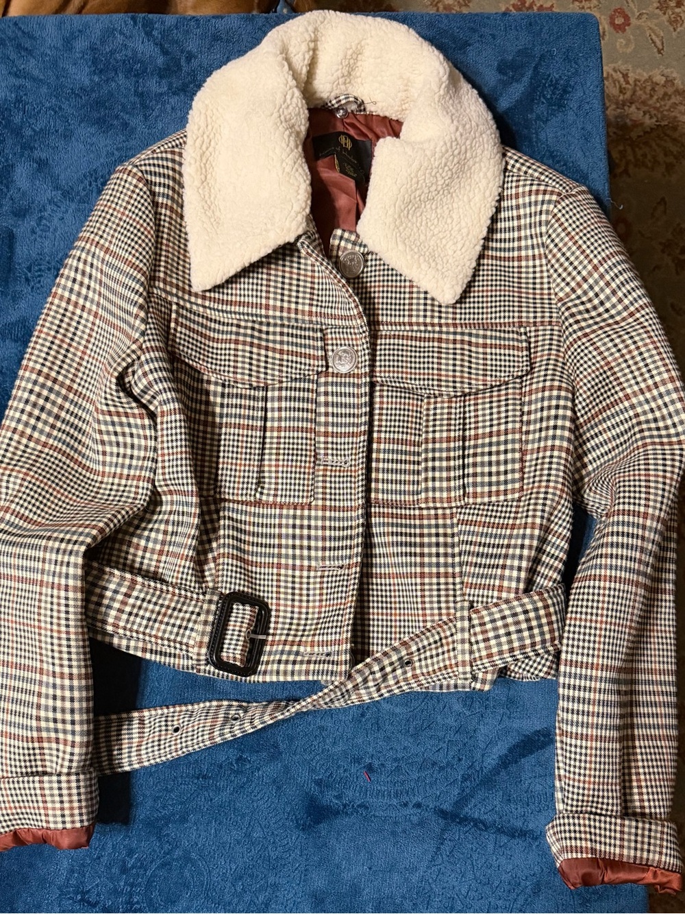 House of Harlow 1960 Checked Teddy-Collar Jacket in Cream, Black & Brown